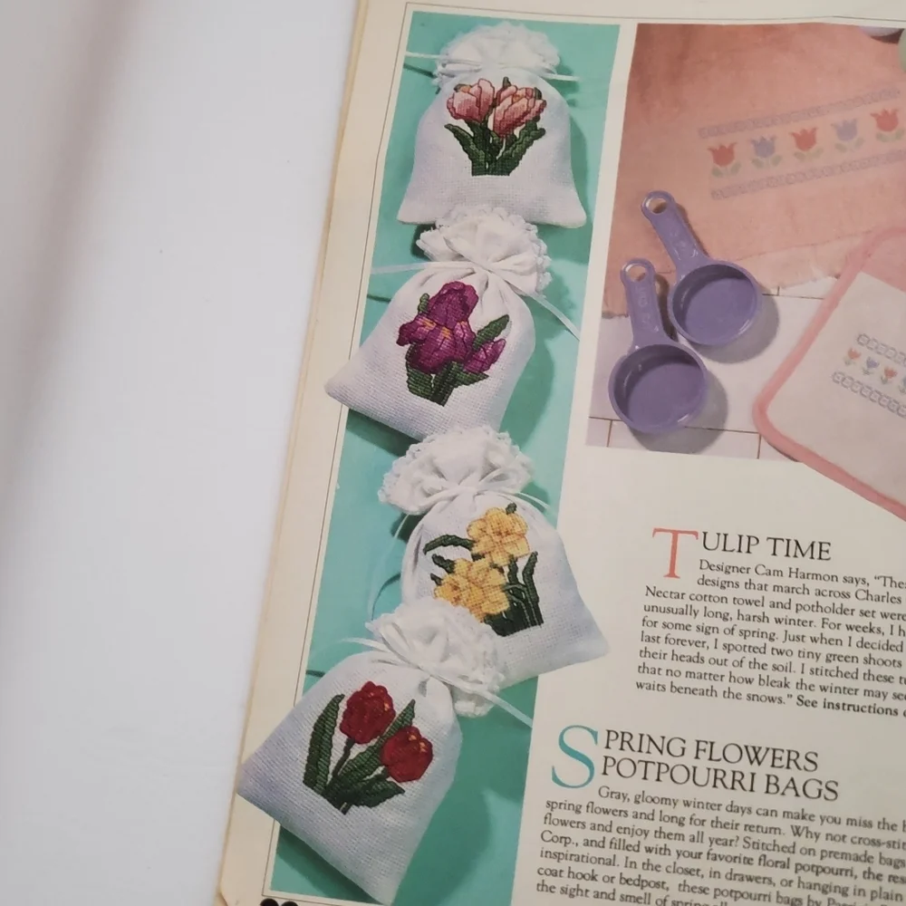 Womens Circle Counted Cross Stitch April 1990 Chick Pattern Windmill Daffodils